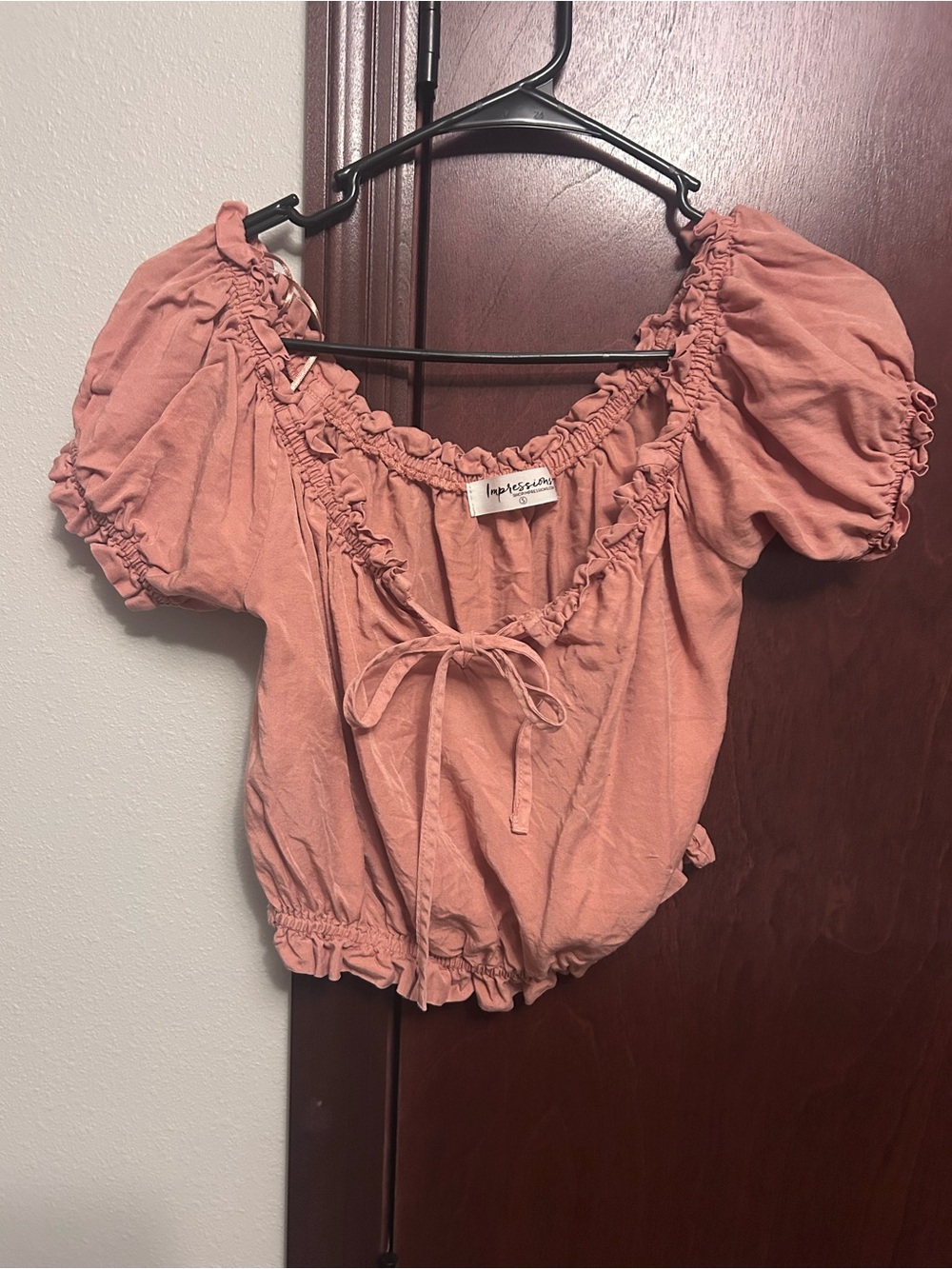 Impressions Dusty Rose Puff-Sleeve Tie-Front Crop Top